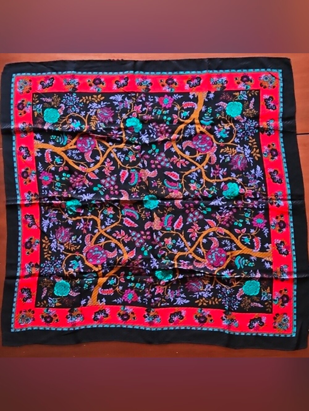 Symphony Scarf with Black & Red Border and Multicolor Vibrant Floral Tree Vines